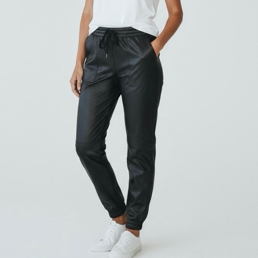 Spanx Leather Like Jogger Black Pull On Pants Faux Vegan Pockets Size Large